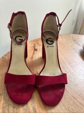 G by Guess Burgundy Suede Ankle-Strap Block Heel Sandals